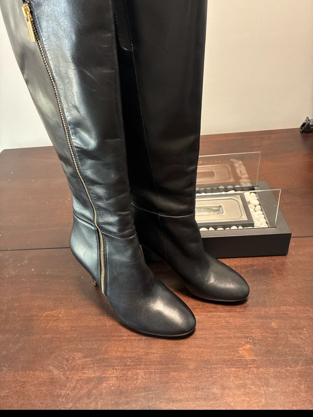 MICHAEL Michael Kors Black Leather Over-the-Knee Boots with Gold Zip